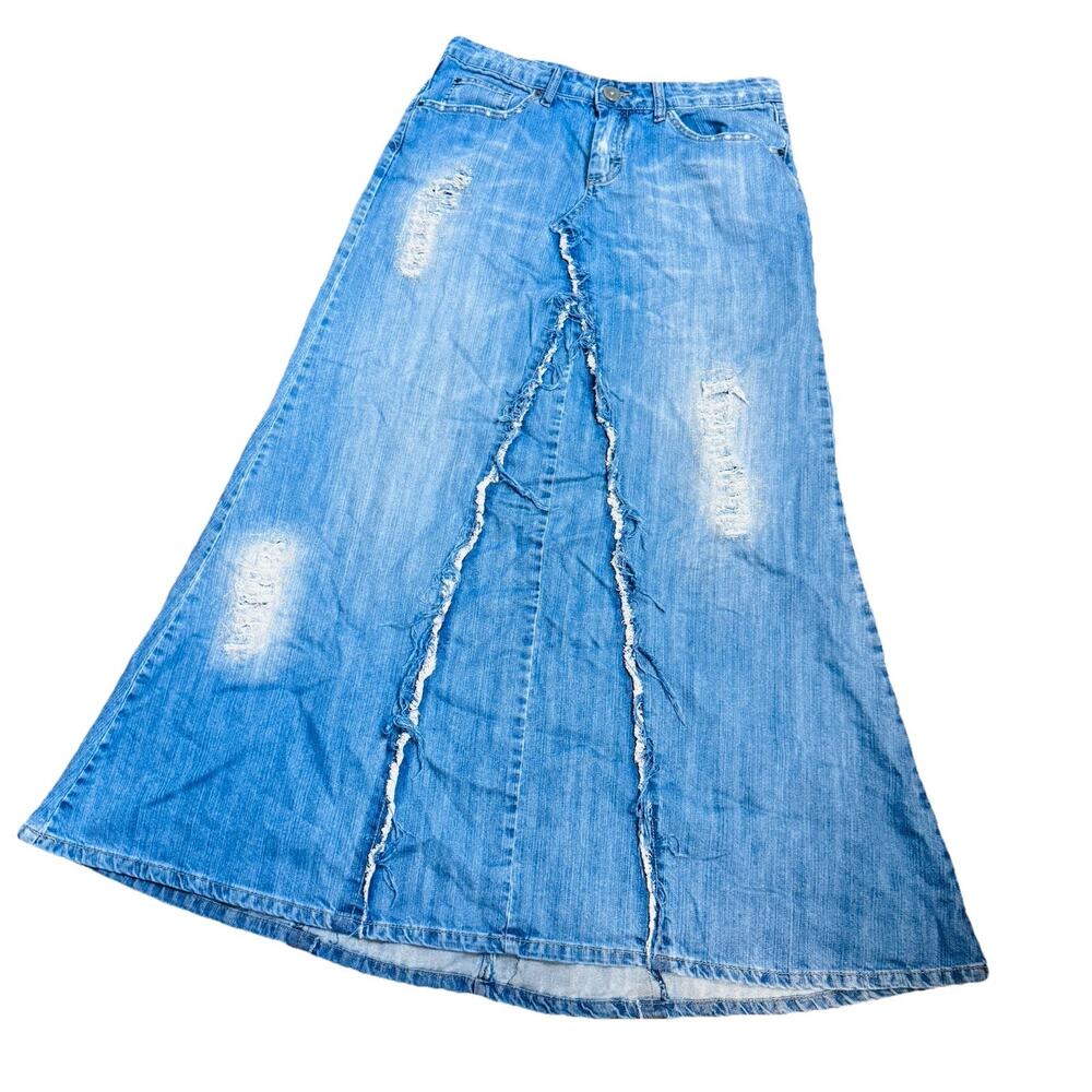 Karma Blue Jean Denim Maxi Long Skirt Distressed Y2K sz 13/14 L Western Flare
